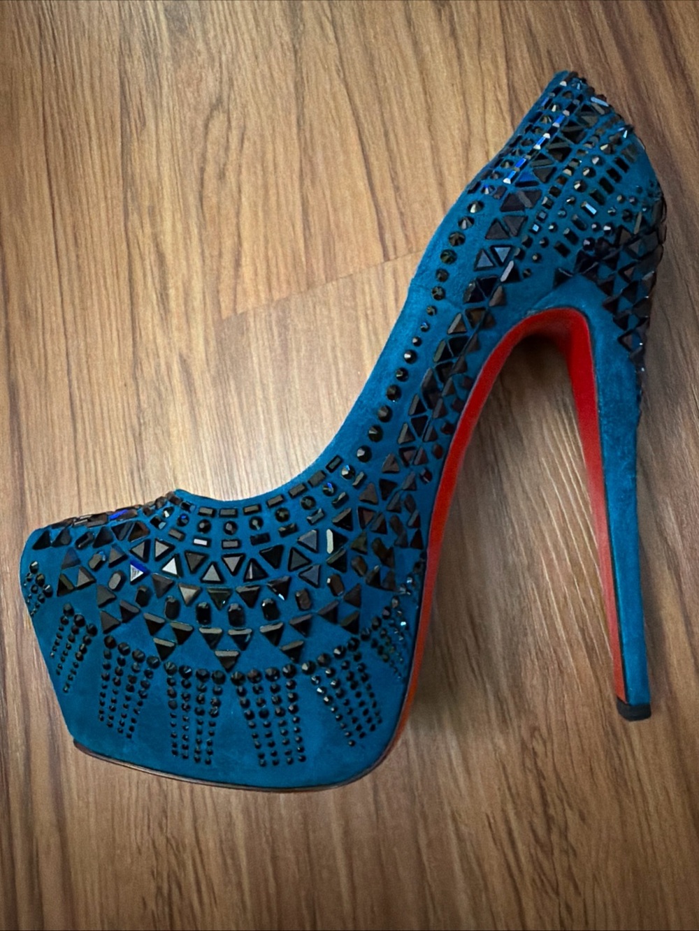Christian Louboutin Decora Strass Teal Blue Suede Crystal Platform Pumps 38 - Picture 9 of 13